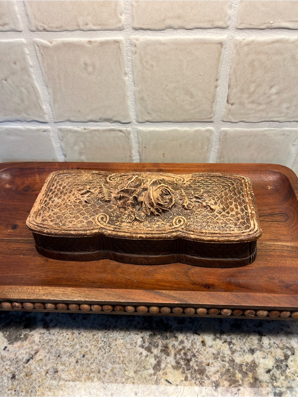 Vintage Carved Floral Leather Trinket Box